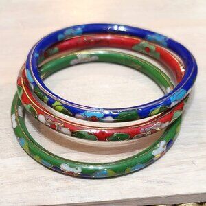 Cloisonne bangle bracelets, vintage, set of 3, red, green and blue